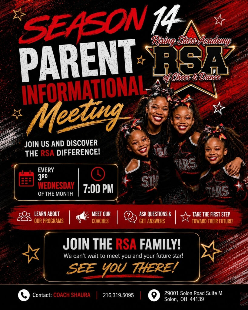 Rising Stars Academy Season 14 Parent Informational Meeting flyer for cheer and dance families in Solon, Ohio, held every third Wednesday at 7 PM.